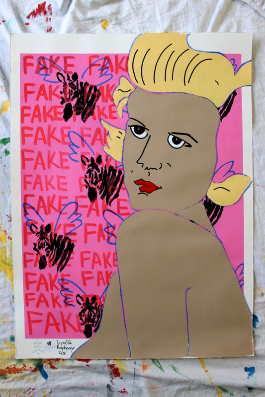 "Pop art self-portrait with winged zebras and FAKE text background."