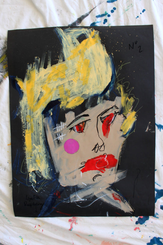 "Expressionist portrait on black paper with pink cheek, bold strokes and red eyes. PTSD N°2 from the Breath of Survival collection."