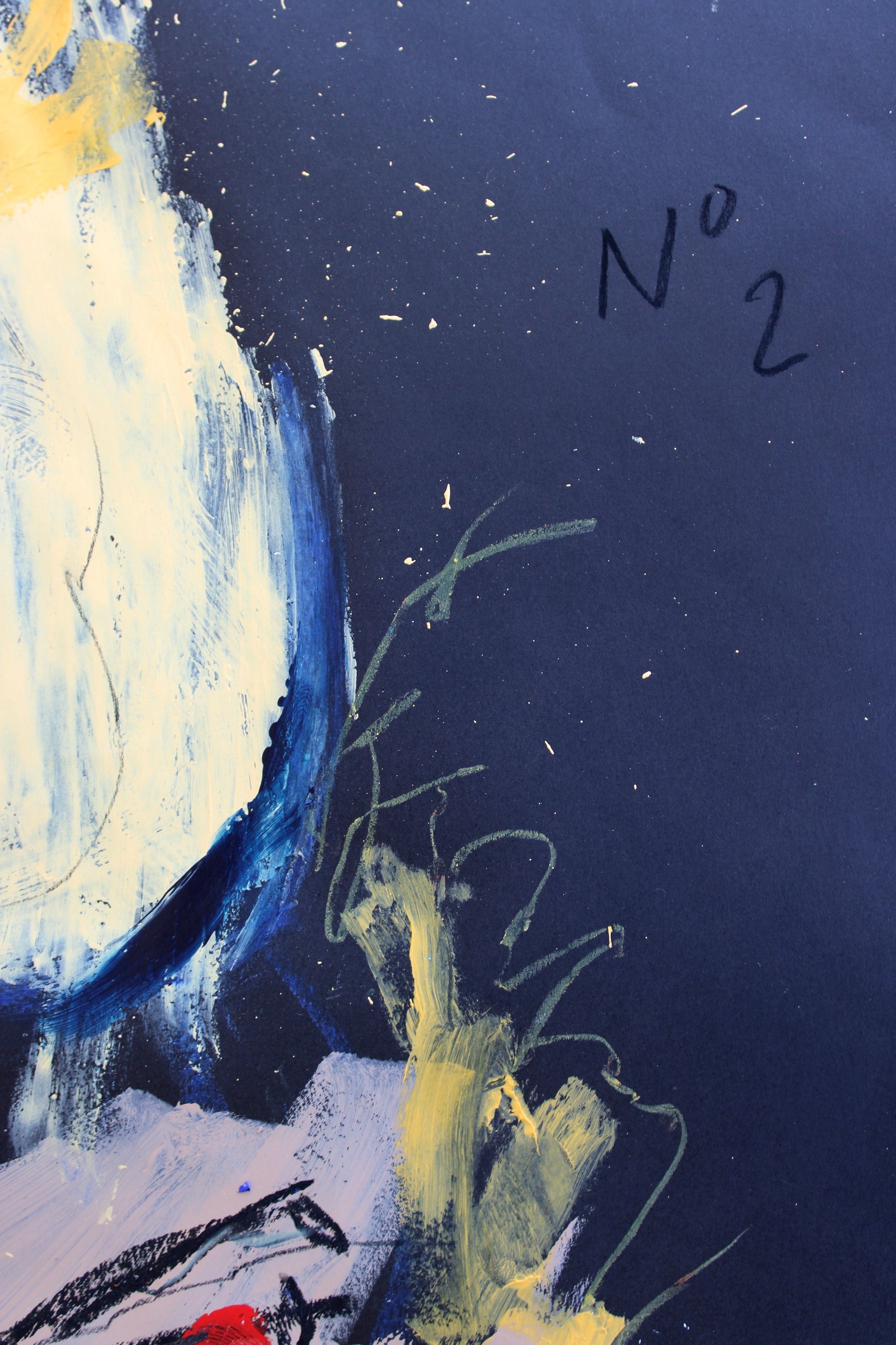 "Close-up of an expressive abstract portrait from the PTSD series, with intense brushwork and vibrant color contrast, capturing raw emotion and artistic resilience, signed by the artist."