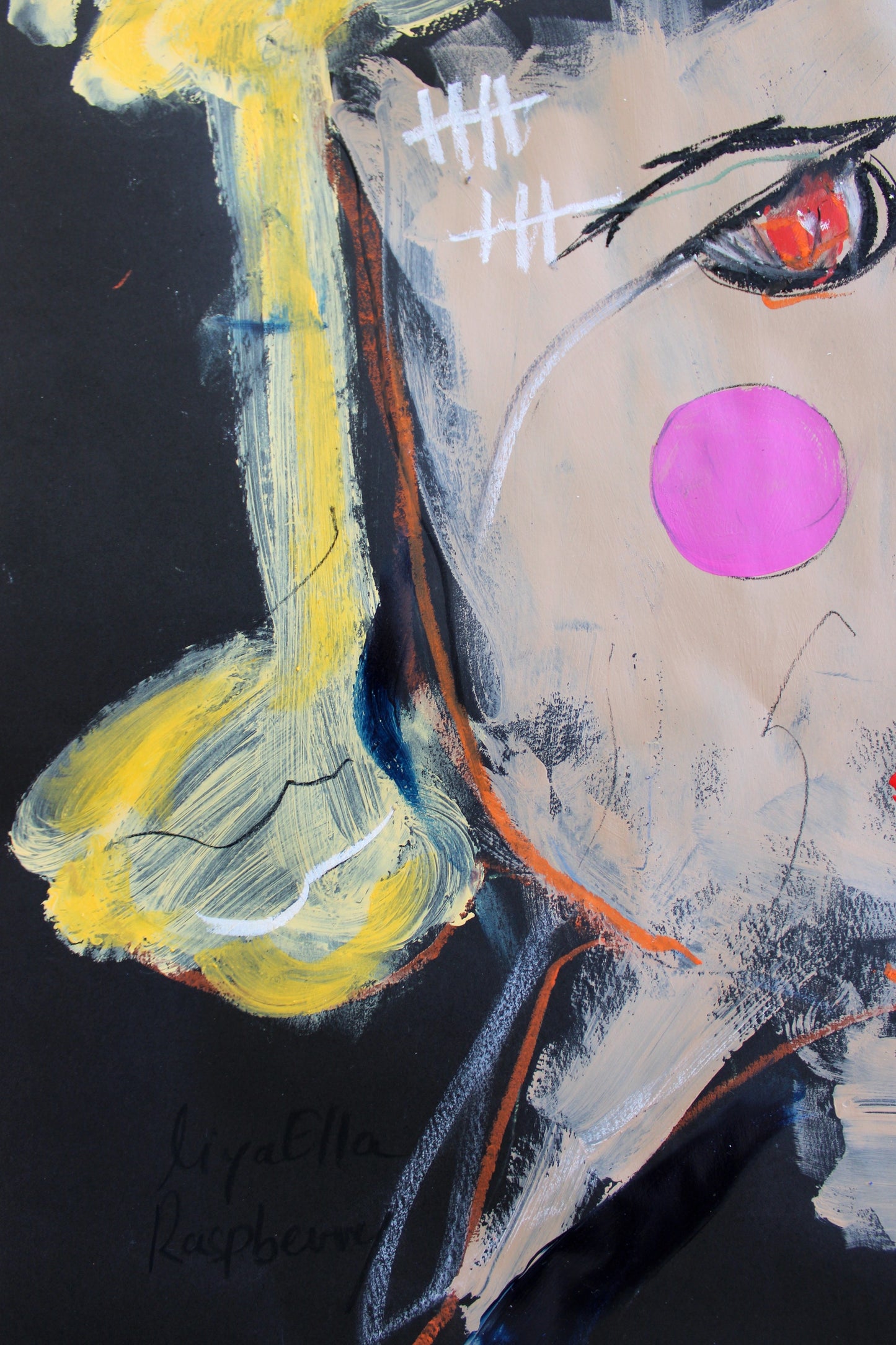 "Close-up of abstract expressionist artwork from the PTSD series, featuring bold brushstrokes and vivid details, with the artist’s signature, portraying emotional depth and resilience."