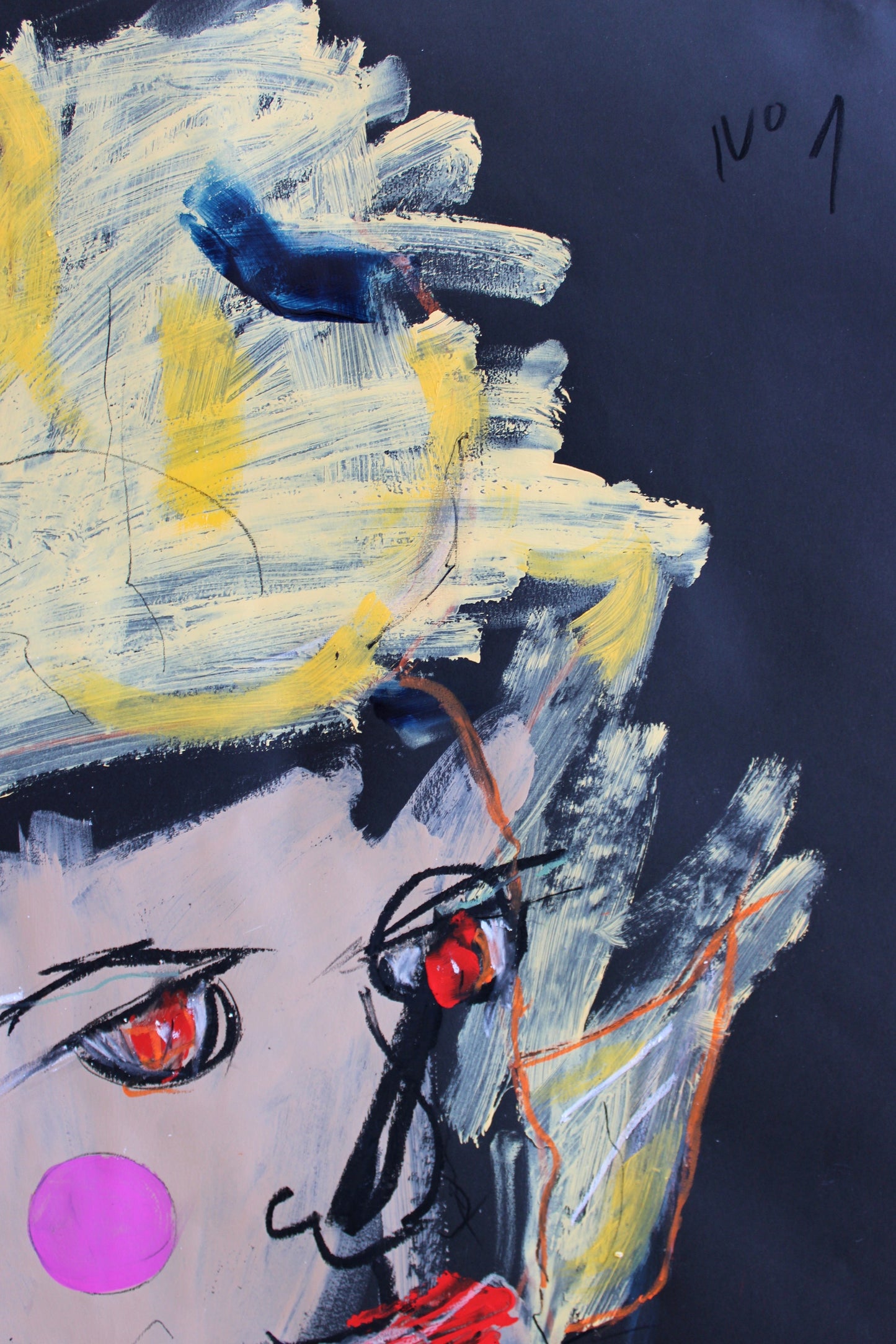 "Close-up of an expressive abstract portrait from the PTSD series, with intense brushwork and vibrant color contrast, capturing raw emotion and artistic resilience, signed by the artist."