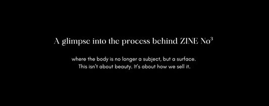 ZINE 03 homepage teaser – bold black and white visual with text about body, branding, and protest art by Liya Ella Raspberry.