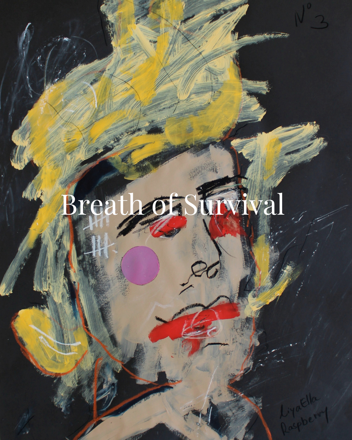 Expressive painting from "Breath of Survival" by Liya Ella Raspberry. Emotional portrait with vibrant strokes symbolizing resilience and healing.