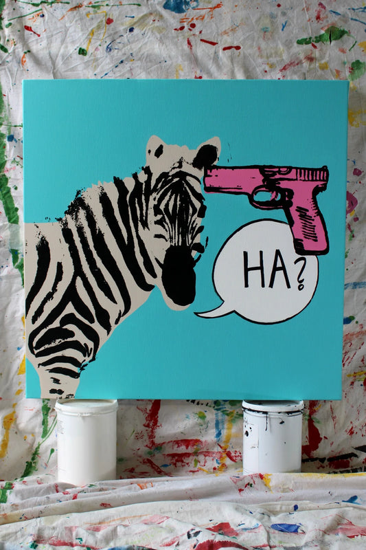 Bold pop art painting featuring a zebra facing a pink cartoon gun with the word “HA?” — a visual protest against the normalization of violence.

