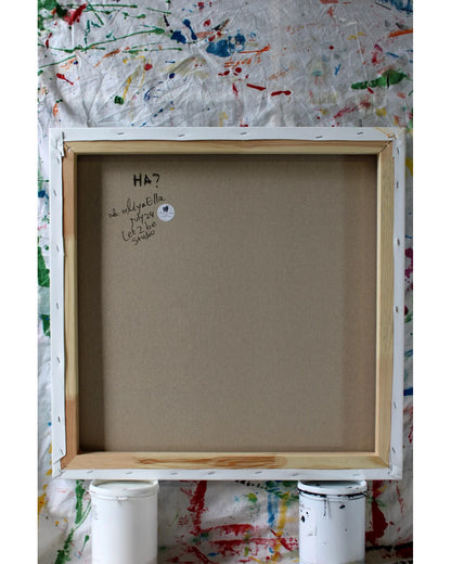 Back of the painting “HA?” showing artist’s signature and date on canvas — part of Let Z Be’s critical pop art collection.
