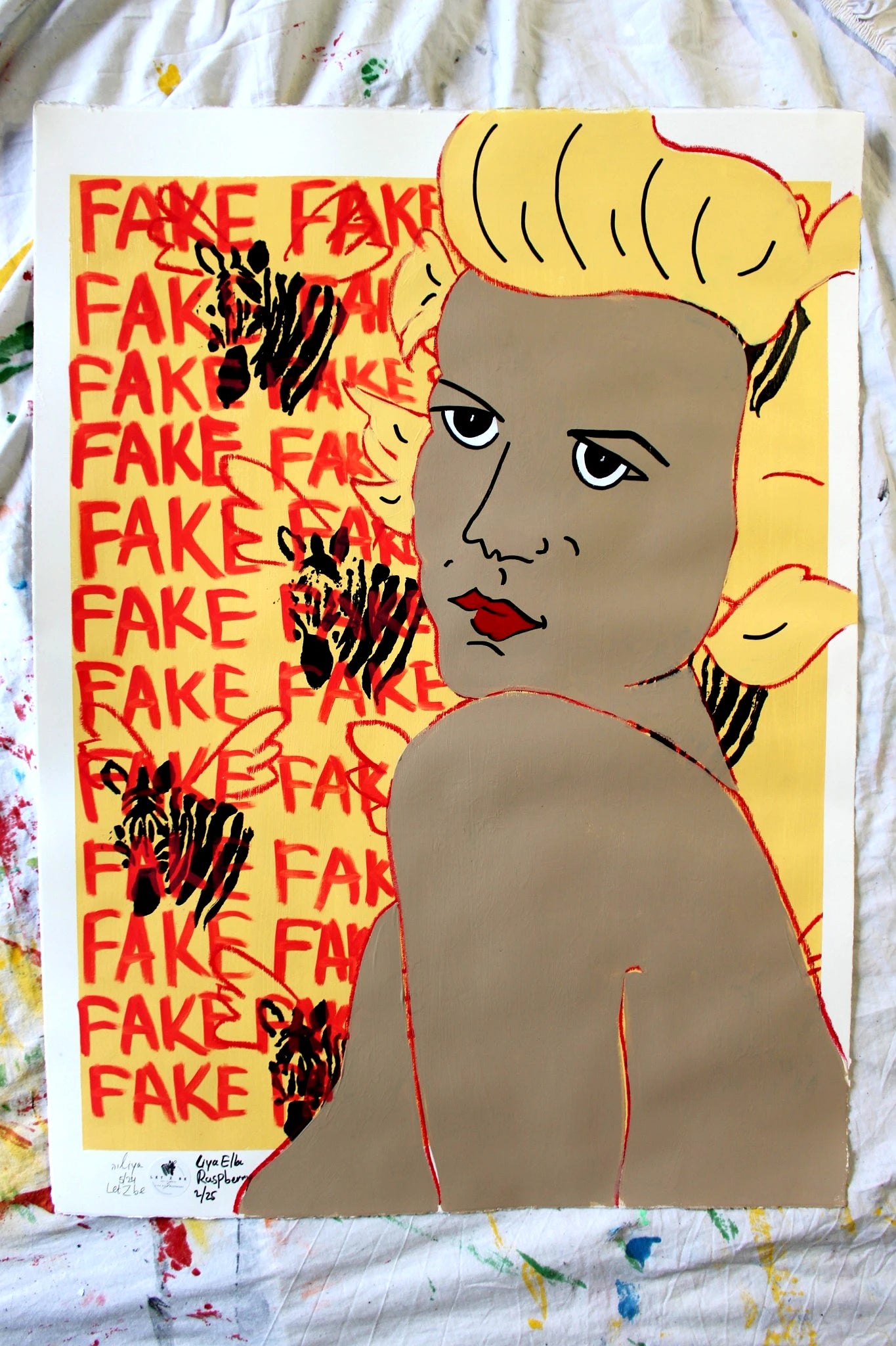 "Pop art self-portrait with winged zebras and FAKE text background."

