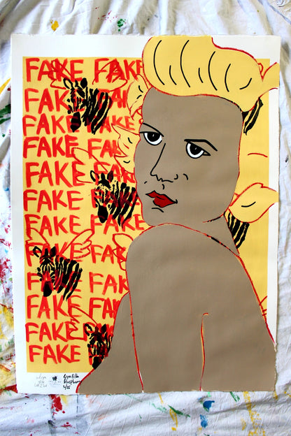 "Pop art self-portrait with winged zebras and FAKE text background."

