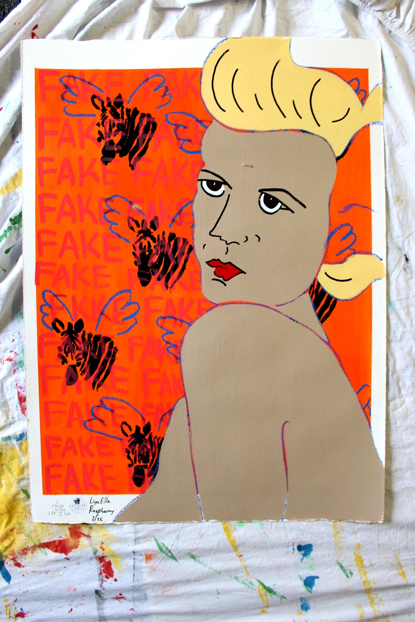 "Pop art self-portrait with winged zebras and FAKE text background."


