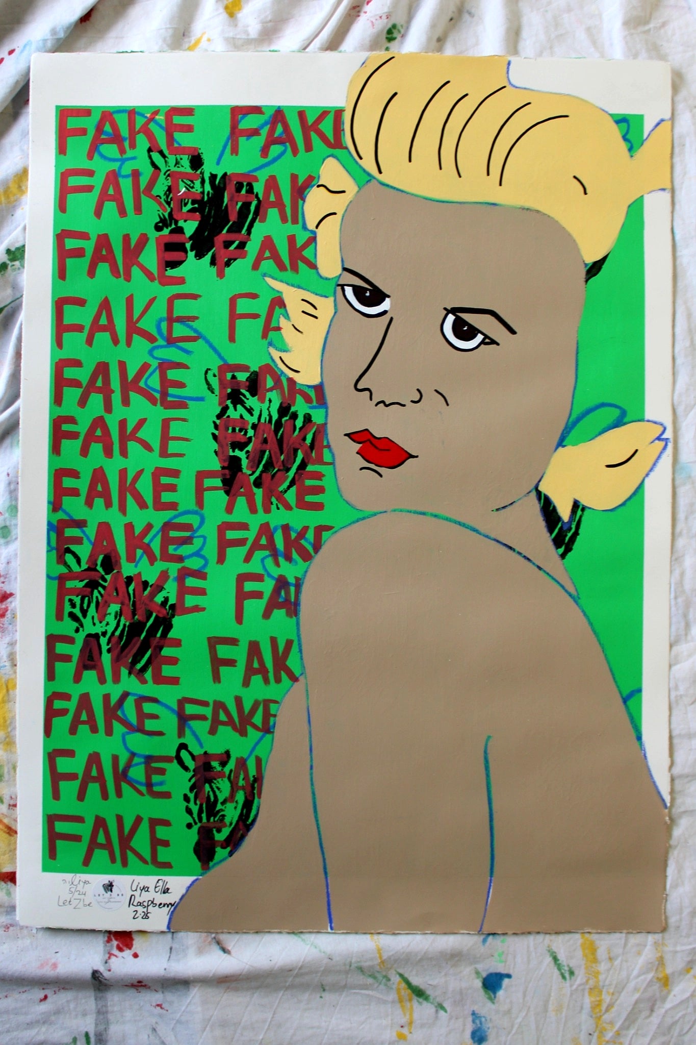 "Pop art self-portrait with winged zebras and FAKE text background."

