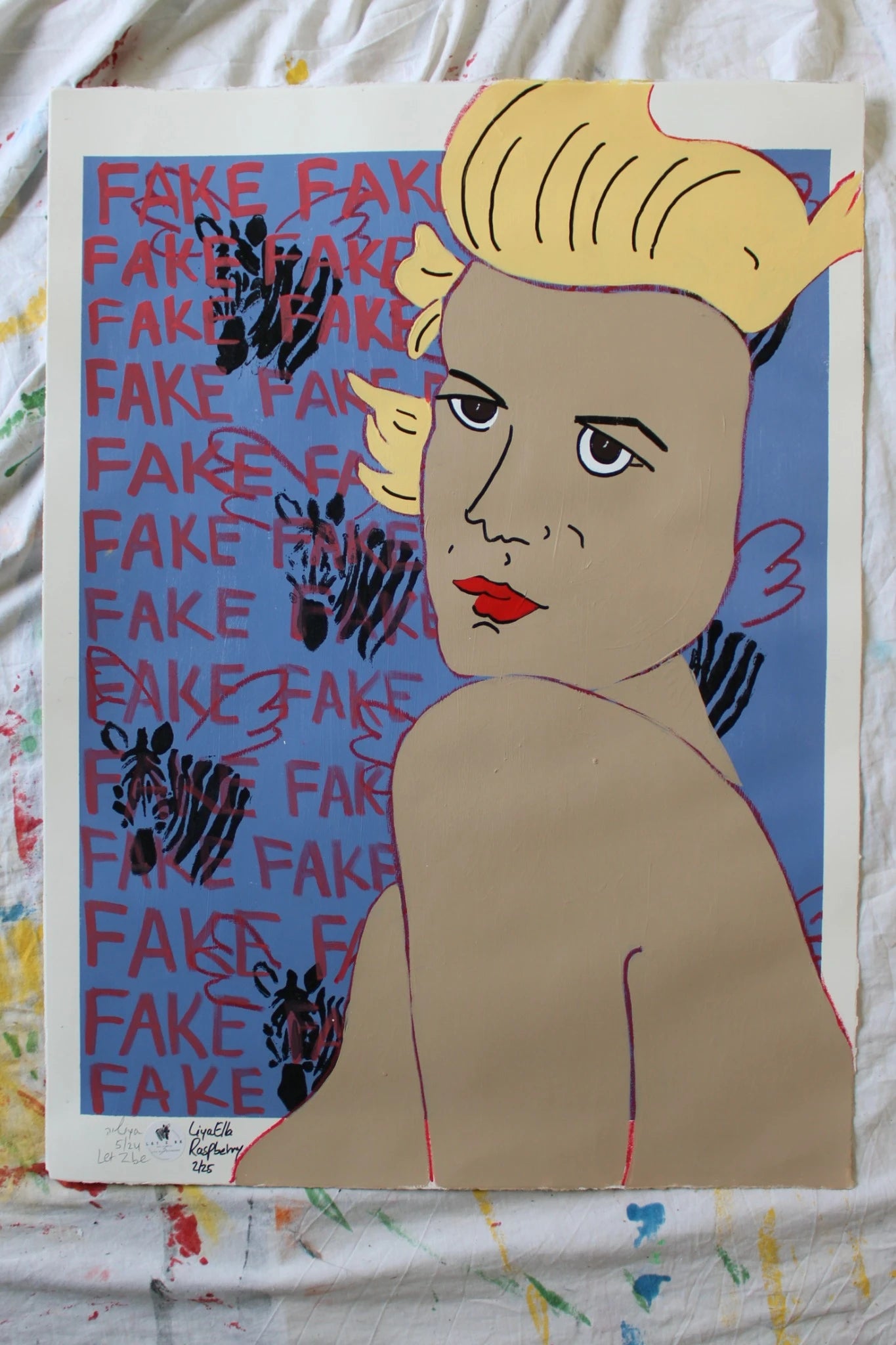 "Pop art self-portrait with winged zebras and FAKE text background."


