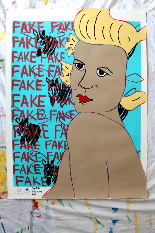 "Pop art self-portrait with winged zebras and FAKE text background."