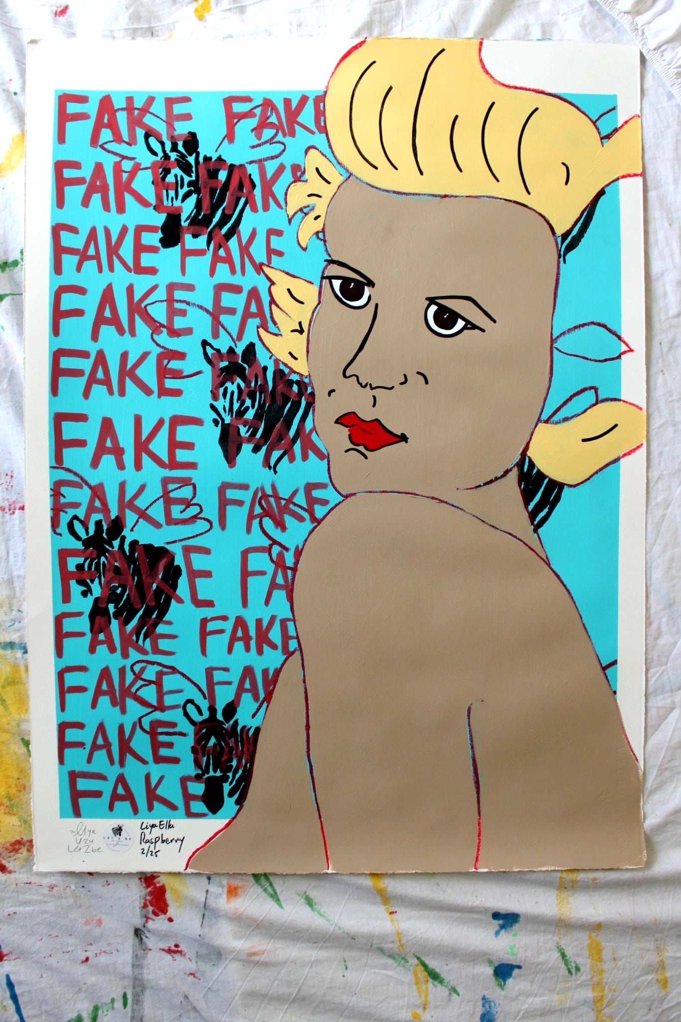 "Pop art self-portrait with winged zebras and FAKE text background."



