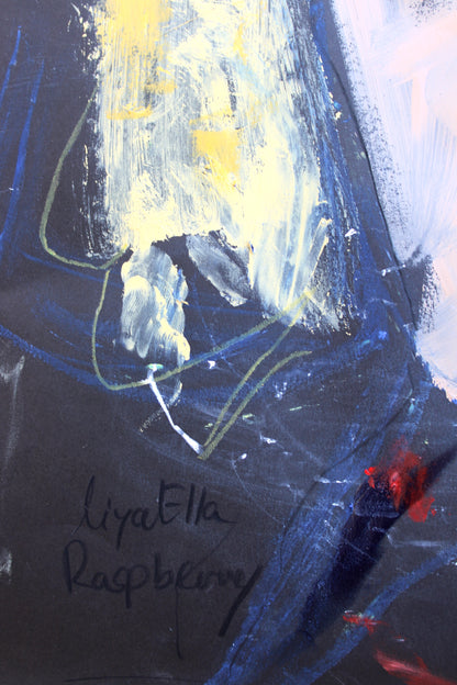"Close-up of abstract expressionist artwork from the PTSD series, featuring bold brushstrokes and vivid details, with the artist’s signature, portraying emotional depth and resilience."