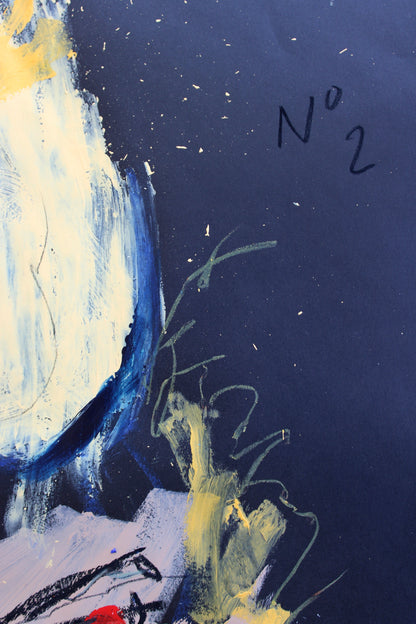 "Close-up of an expressive abstract portrait from the PTSD series, with intense brushwork and vibrant color contrast, capturing raw emotion and artistic resilience, signed by the artist."