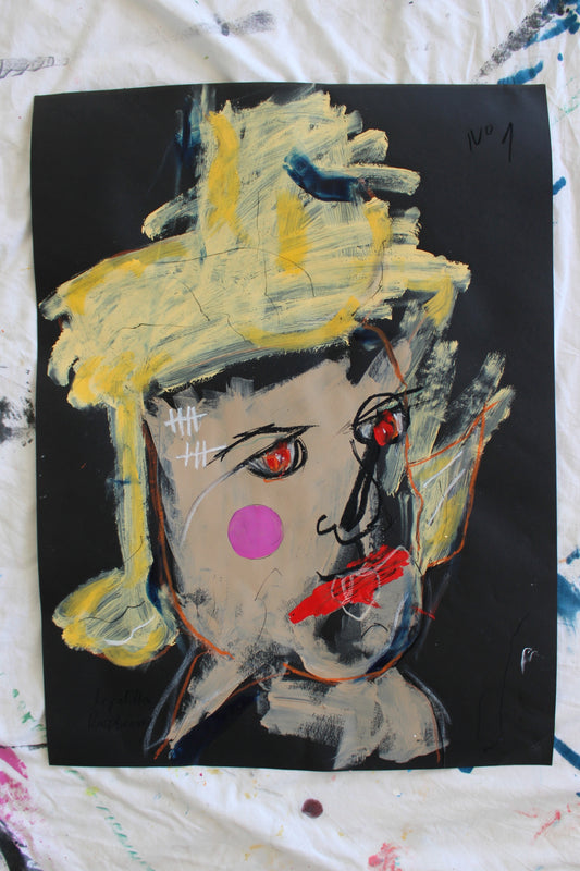 "Expressionist portrait on black paper with pink cheek, red lips and raw brush strokes. Part of PTSD series from the Breath of Survival collection."

