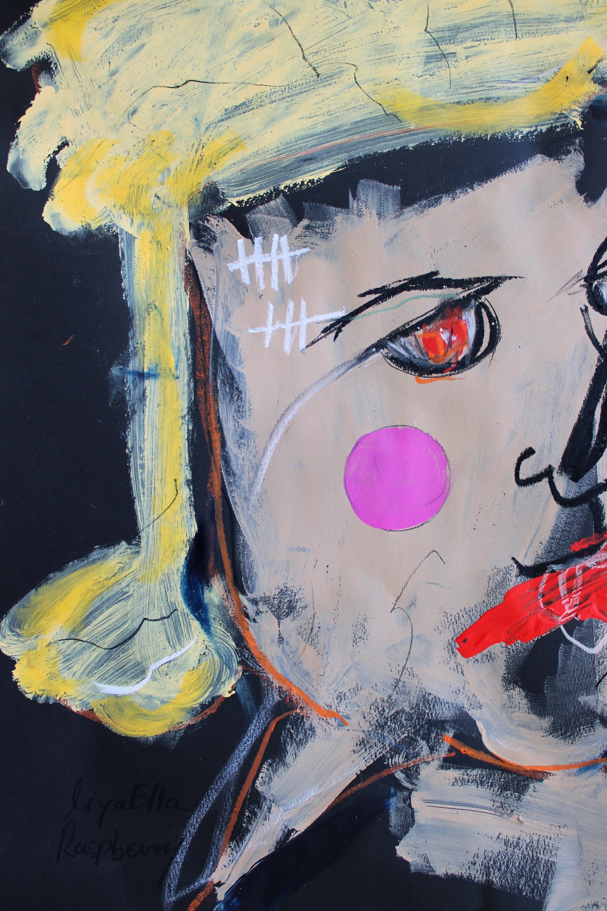 "Close-up of abstract expressionist artwork from the PTSD series, featuring bold brushstrokes and vivid details, with the artist’s signature, portraying emotional depth and resilience."