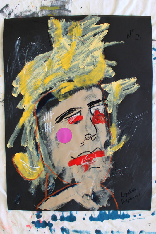 "Raw expressionist portrait on black paper with bright yellow hair and pink cheek. PTSD N°3 from the Breath of Survival collection."

