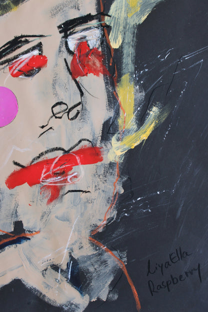 "Close-up of abstract expressionist artwork from the PTSD series, featuring bold brushstrokes and vivid details, with the artist’s signature, portraying emotional depth and resilience."