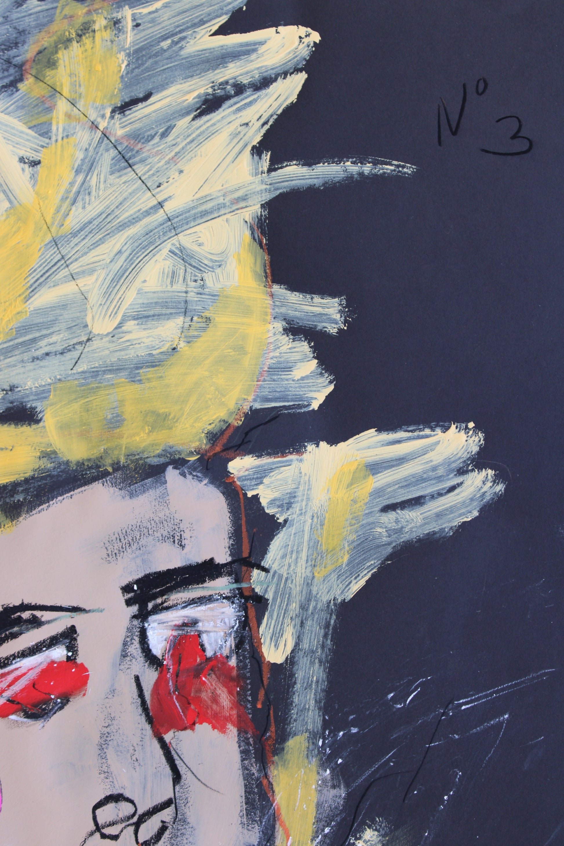 "Close-up of an expressive abstract portrait from the PTSD series, with intense brushwork and vibrant color contrast, capturing raw emotion and artistic resilience, signed by the artist."
