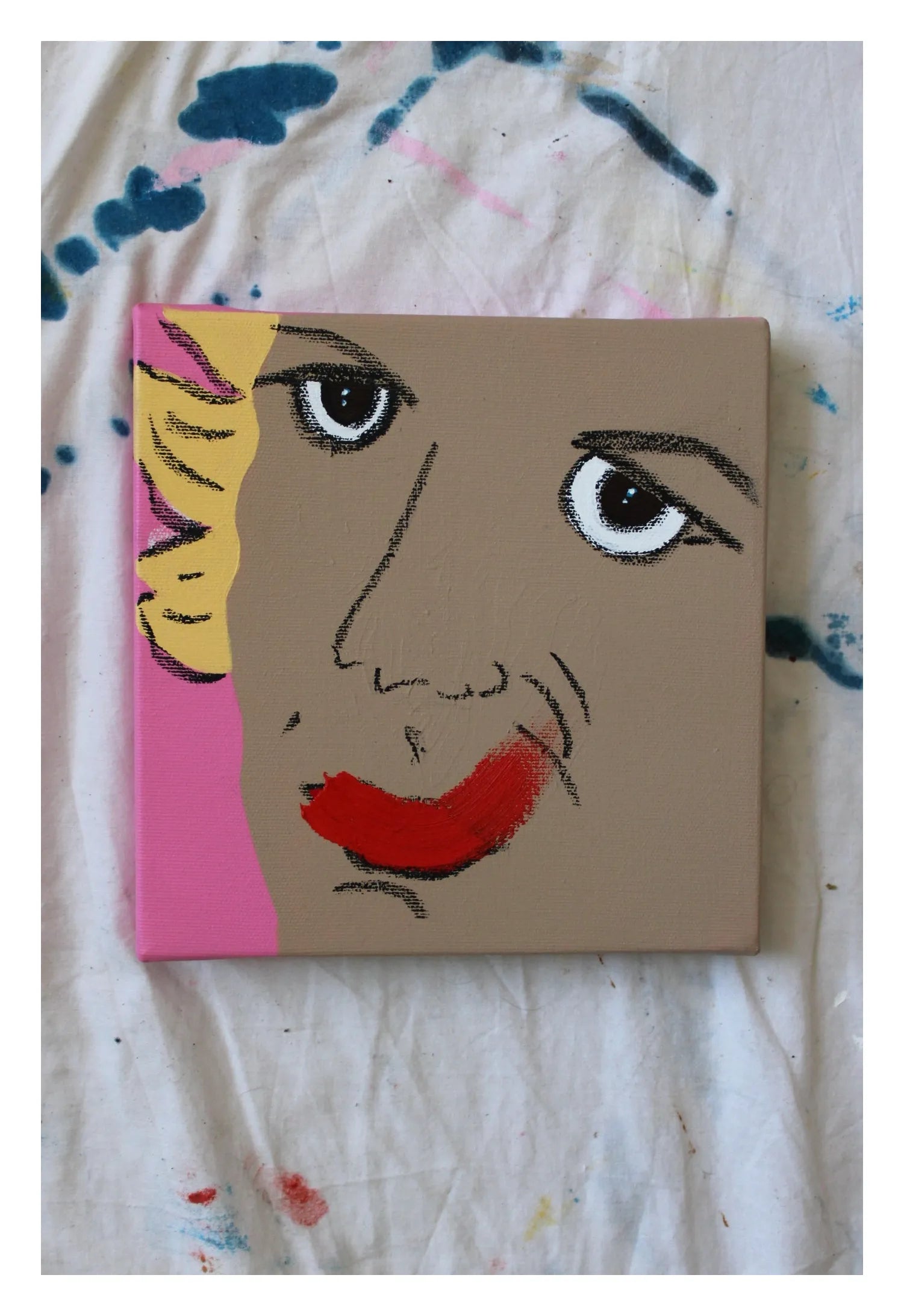 "Original painting 'Smile No.4' by Liya Ella Raspberry for Let Z Be — pink-accented pop art portrait from the Fake or Real collection, acrylic on canvas."