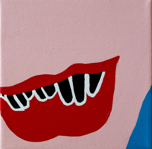 Bold red lips with white fangs on pink skin-tone background – original pop art painting by Liya Ella Raspberry from the PLAY ME. BOY. series.

