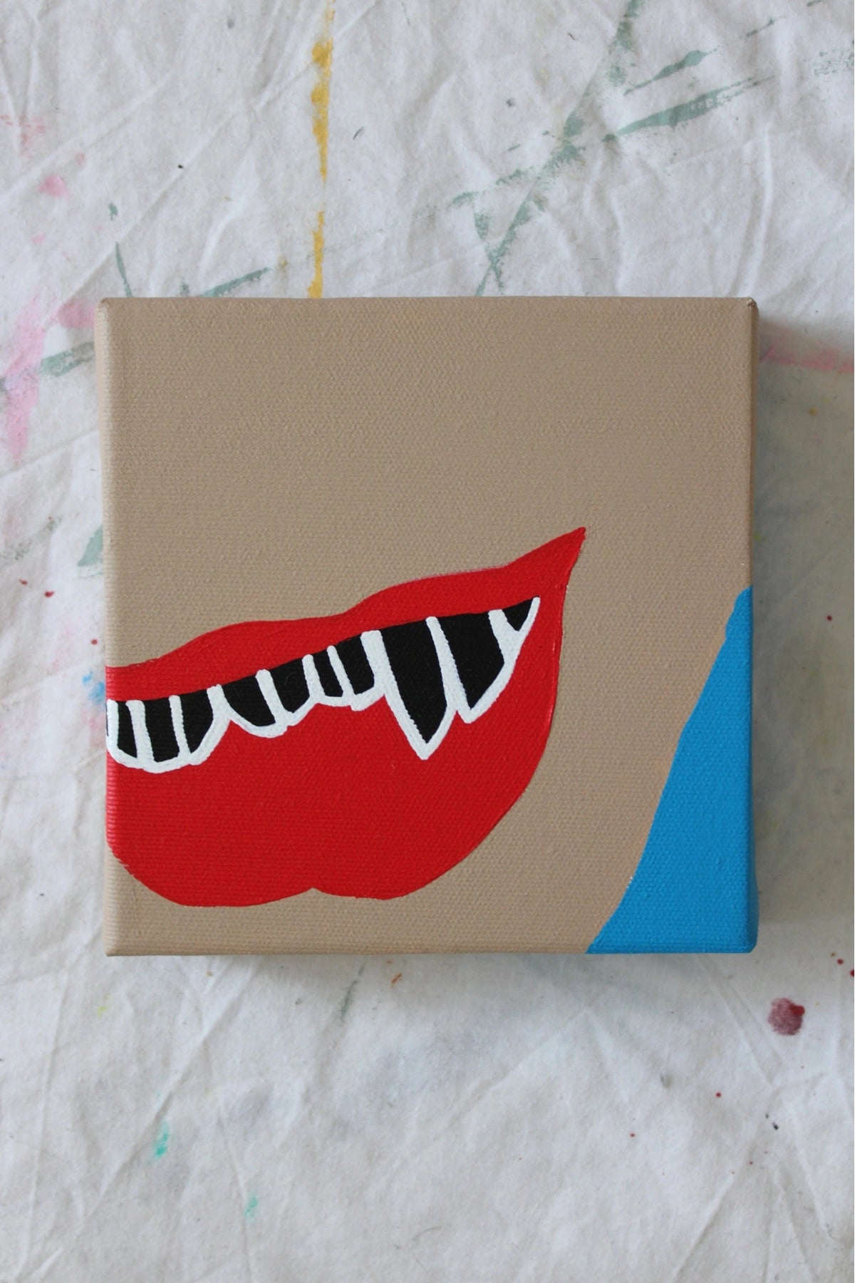 "Play Me, Boy. Mouth No.4" by Liya Ella Raspberry – acrylic pop art painting from the PLAY ME, BOY. series, featured in ZINE by Let Z Be. Close-up on canvas.