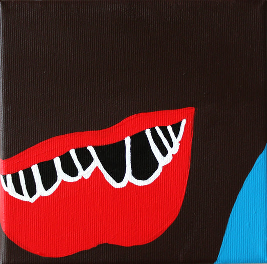 "Bold red lips painting with exposed teeth on dark brown background and blue edge detail — original acrylic artwork by Liya Ella Raspberry from the PLAY ME. BOY. series, 2025."