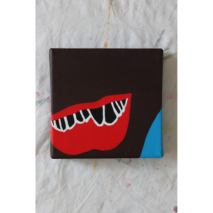 "Contemporary painting of red lips with exaggerated white teeth on dark brown canvas and a vivid blue corner — acrylic on canvas by Liya Ella Raspberry, PLAY ME. BOY. series, 2025."