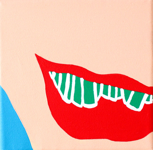 "Close-up of small square canvas painting showing bright red lips with green and white stylized teeth, set against a soft pink and blue background, from the 'PLAY ME, BOY.' series by Liya Ella Raspberry."